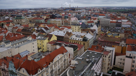 Aerial panoramic view of the historic center of Pilsen with colorful rooftops and Great Synagogue.の写真素材