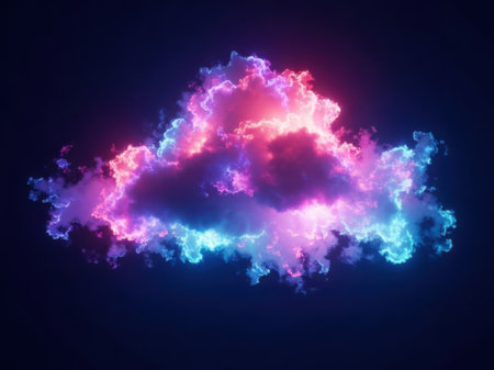 This image depicts a vibrant and ethereal cloud formation against a dark background. The cloud is composed of swirling colors, predominantly shades of pink, blue, and purple, creating a mesmerizing and otherworldly effect. The cloud appears to be illuminated from within, giving it a glowing and almost magical quality. The colors blend seamlessly, creating a sense of depth and movement within the cloud.の素材