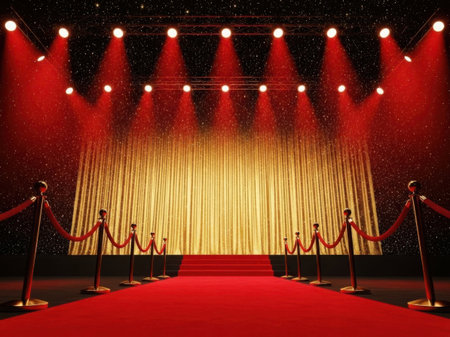 A detailed illustration of a red carpet leading to a brightly lit stage with spotlights and a gold curtain. The stage is framed by red velvet ropes and stands.の素材