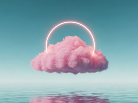 Pink cloud with neon circle on blue sky background. 3D renderingの素材