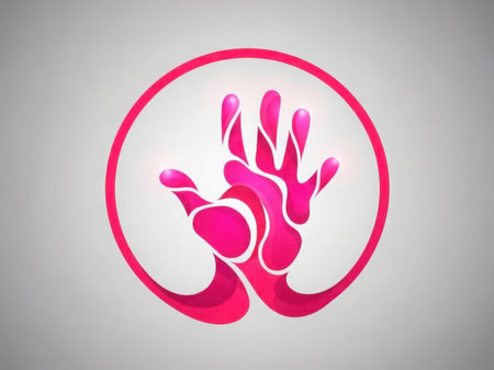 A stylized pink hand within a pink circular frame, symbolizing unity, support, or connection.の素材