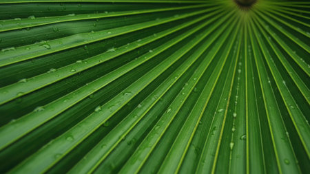 Close-up of a fresh palm leaf with water dropletsの素材