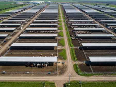 Aerial view of large industrial farm with multiple greenhousesの素材