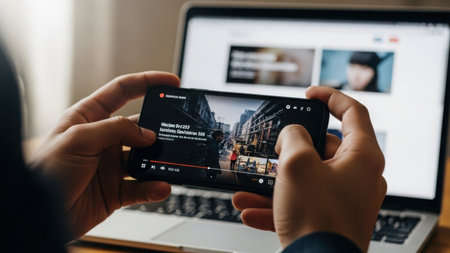 A person is holding a smartphone displaying a video while simultaneously using a laptop with multiple open windows.の素材