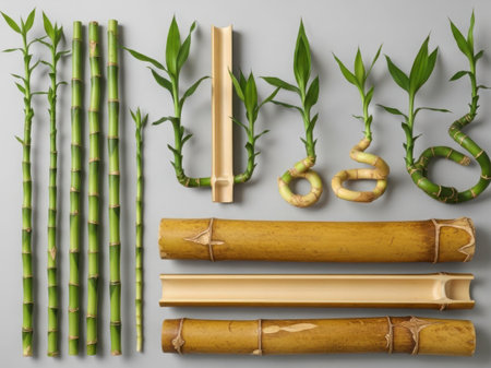 A detailed arrangement of various bamboo stalks and shoots, showcasing different stages of growth and forms.の素材