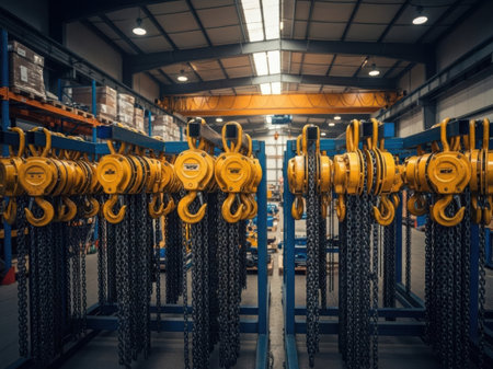 Industrial setting with chains and hooksの素材