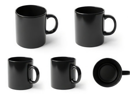 A set of five black ceramic mugs shown from different angles. Each mug has a simple, classic design with a handle.の素材