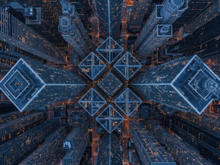 An aerial view of city streets and buildings, showcasing a symmetrical pattern of streets and architectural structures.の素材