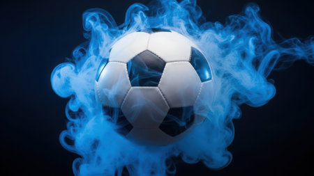 A soccer ball surrounded by dynamic blue smokeの素材