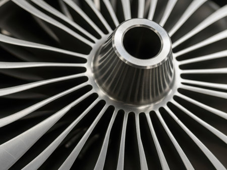 Close-up view of a jet engine turbineの素材