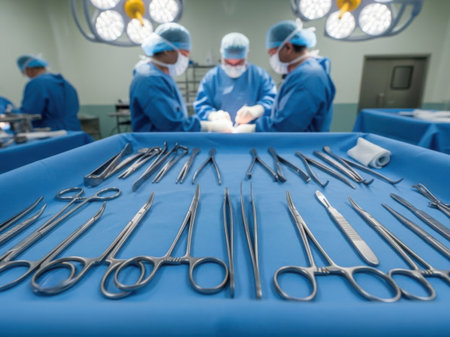 Surgical team preparing instruments in operating roomの素材