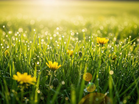 A vibrant image showcasing golden flowers blooming in a lush green meadow under the warm glow of the sun.の素材