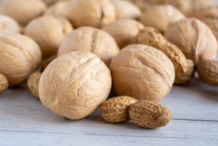 Mixed nuts on a white wooden background. Health food. high quality photo