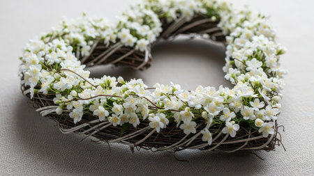 A beautifully crafted wreath made of delicate white flowers arranged on a rustic vine base. The wreath is displayed against a simple, neutral background, highlighting its intricate and natural design. Perfect for home decor or special occasions.の素材