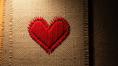 Red heart embroidery on canvas background. Valentine's day concept.の素材