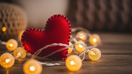 Valentine's day background with red heart and garland lightsの素材