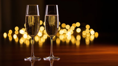 Glasses of champagne on bokeh lights background, celebration conceptの素材