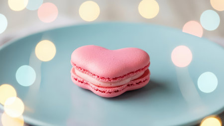 A charming heart-shaped macaron sits elegantly on a blue plate, surrounded by soft, colorful bokeh lights.の素材
