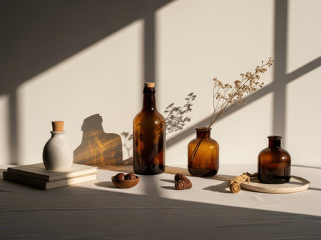 This image showcases a minimalist table setting featuring a collection of bottles and decorative items. The scene includes a wooden table with a stack of books, a small dish with nuts, and several bottles of varying sizes and colors. A dried plant adds a touch of natural decor. The setting is illuminated by soft, natural light streaming in from a nearby window, casting gentle shadows.の素材