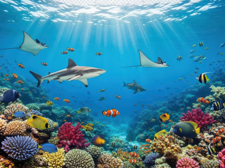 A detailed underwater scene showcasing a vibrant coral reef teeming with diverse marine life, including sharks, manta rays, and colorful fish. Sunlight filters through the water, illuminating the reef and creating a serene atmosphere.の素材