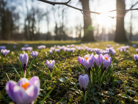 A vibrant field of purple crocuses blooming in a sunlit meadow with tall trees in the background, creating a serene and picturesque scene.の素材