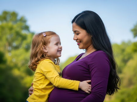 A detailed prompt for the image: The image depicts a heartwarming moment between a mother and her young daughter. The mother, with long dark hair, is wearing a purple top and holding her daughter close. The daughter, with red hair, is dressed in a yellow top and is looking up at her mother with a smile. They are outdoors in a park with lush green trees in the background under a clear blue sky.の素材