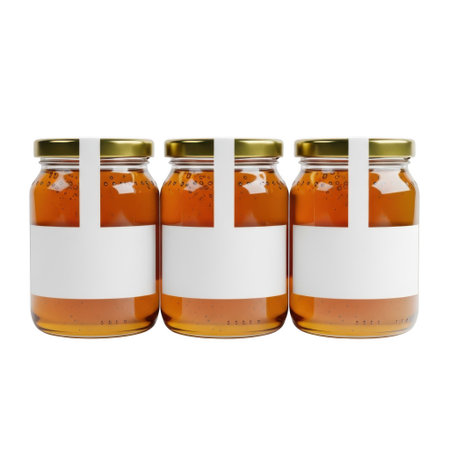 Collection of honey jars with gold lids and white labelsの素材