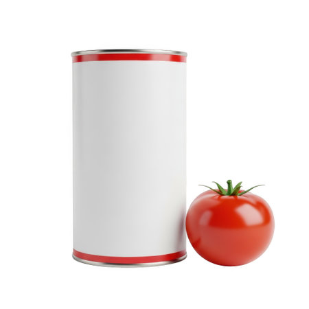 Fresh tomato beside a canned goodの素材