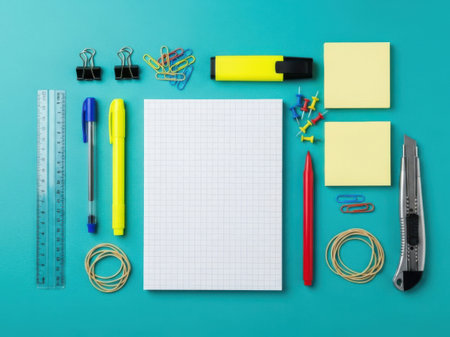Organized collection of office supplies on blue backgroundの素材