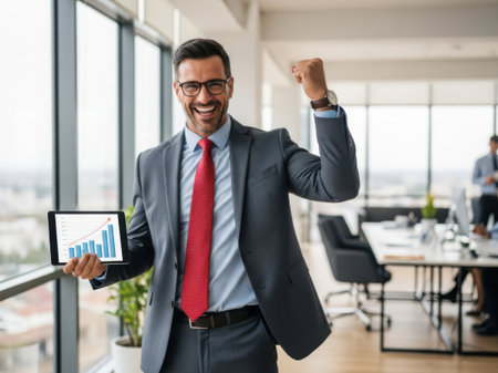 Businessman celebrates success with digital report in modern officeの素材