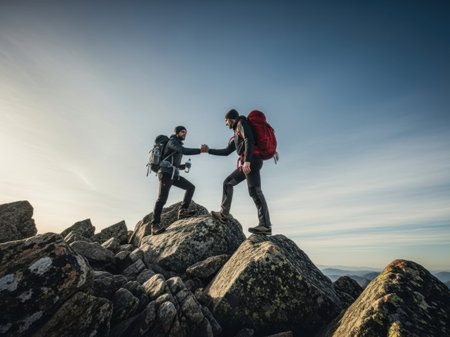 Two hikers celebrate their summit with a handshakeの素材