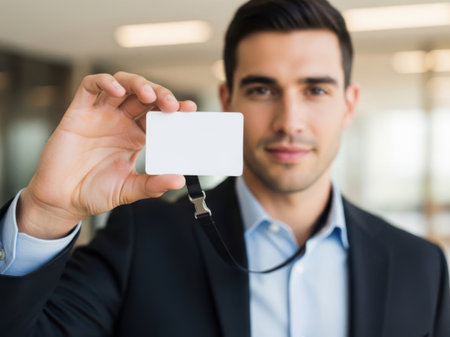 Businessman holding a white key card in an office settingの素材