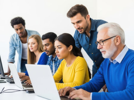 Collaborative team working on laptops in officeの素材
