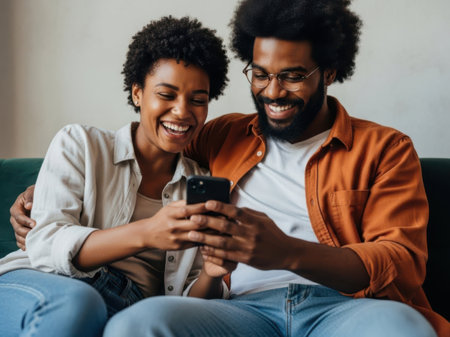 Couple sharing joyful moment while looking at phoneの素材