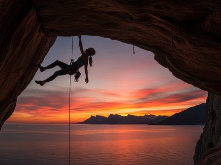 Silhouetted climber ascending rock face at sunset overlooking tranquil watersの素材