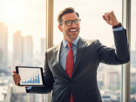 A triumphant businessman celebrates a successful business achievement while holding a positive graph on a tablet.の素材
