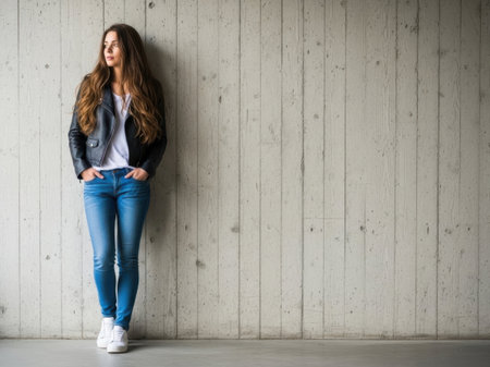 Young woman leaning against concrete wallの素材