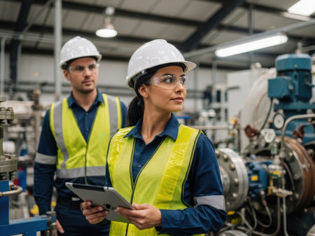 Industrial engineers reviewing data in manufacturing plantの素材