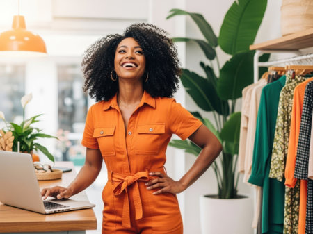 Confident woman in orange jumpsuit working in a modern boutiqueの素材