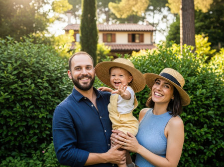 Happy family in gardenの素材