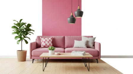 Modern pink living room with sofa and decorの素材