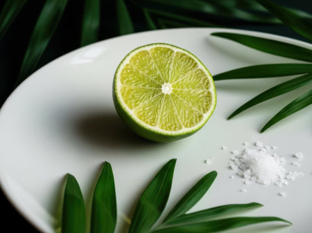 Fresh lime half on plate with saltの素材