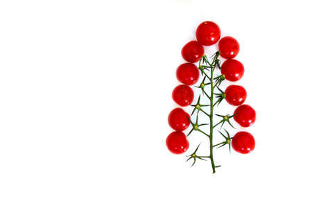 Christmas tree from a green branch and red cherry tomatoes on a white backgroundの写真素材