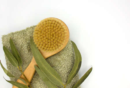 Wooden soft dry massage brush for body, cream, green towel with eucalyptus on white background, copy space. Skin care products. Massage brush with natural bristles for body peeling or anti-cellulite massage.の写真素材
