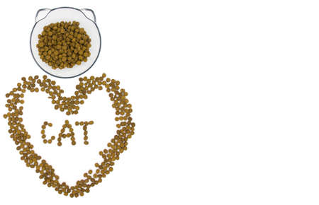The word CAT written by cat food near transparent bowl with ears on white studio background. Pets...