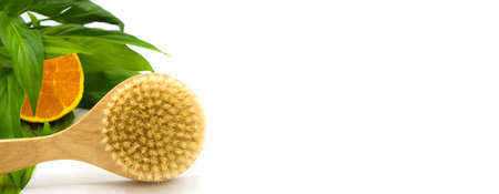 Body brush with orange for anti-cellulite massage. Dry massage. Home spa selfcare concept. banner. Space for text. White background. Cellulite problem conceptの写真素材