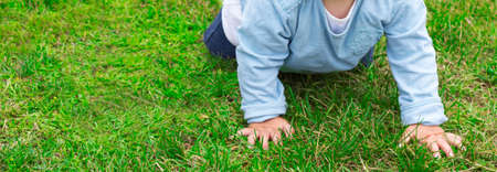 unrecognizable one-year-old child in a blue jacket and jeans crawls on the green grass in the backyard of the house. first steps. child's height. child care. trouble walking. bannerの写真素材