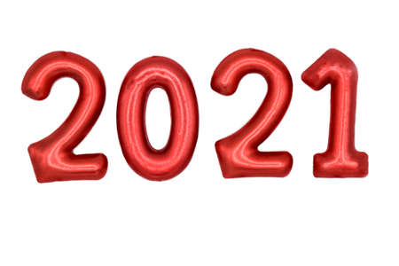 Red numbers 2021 candles isolated on white background. Red shape numbers for happy new Year 2021....