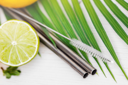 metal reusable straws with lemon and mint, green palm tree leaf on white kitchen table. Recyclable straw, zero waste and eco friendly conceptの写真素材