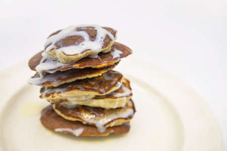 Step 5. Fry on 2 sides, serve with your favorite topping. Cooking banana pancakes without flour tutorial. Step by step recipe. Top view white background. Gluten free breakfast.の写真素材
